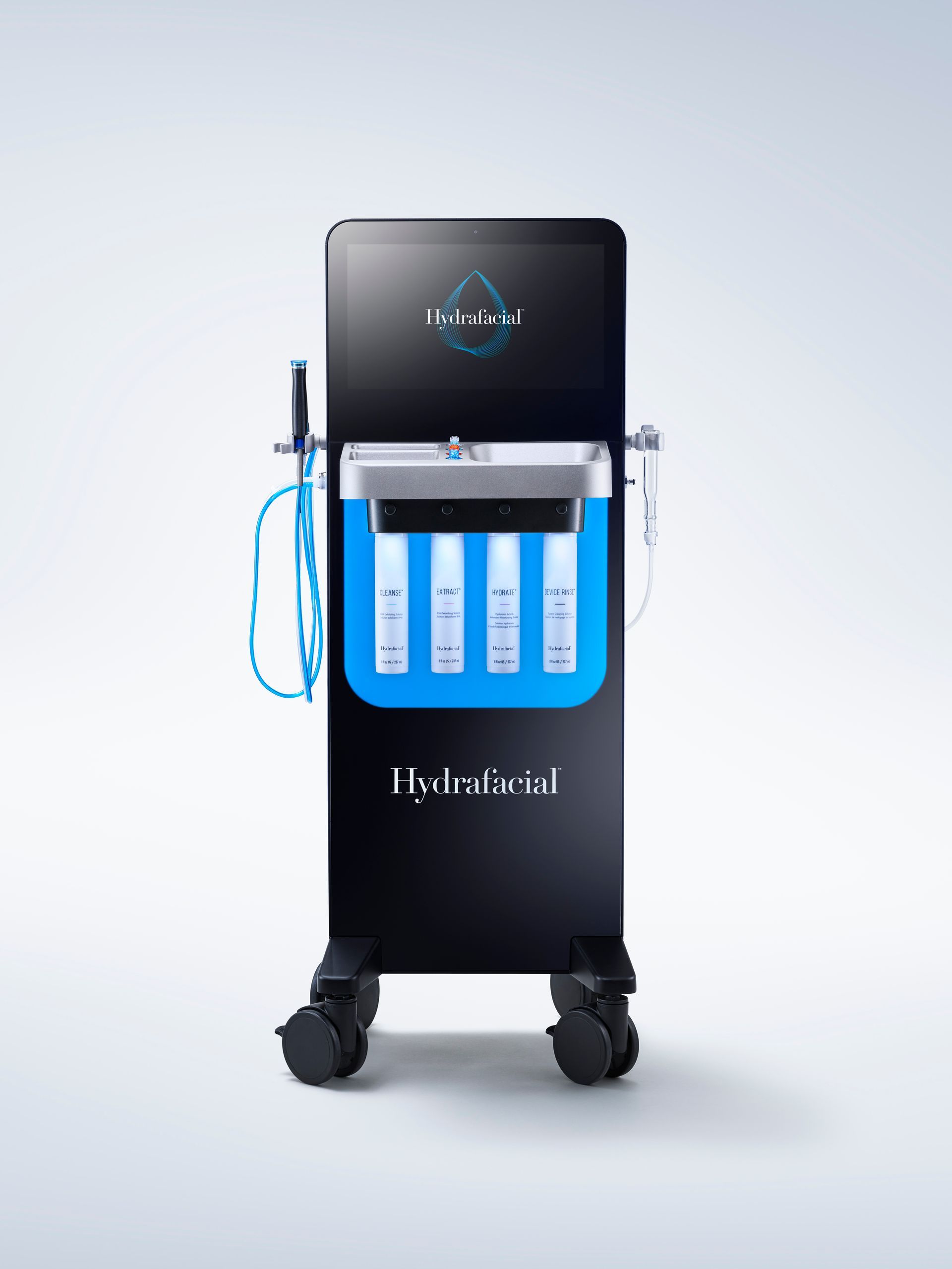 Black medical device on wheels with blue cartridges and side tubes, shown on a white background