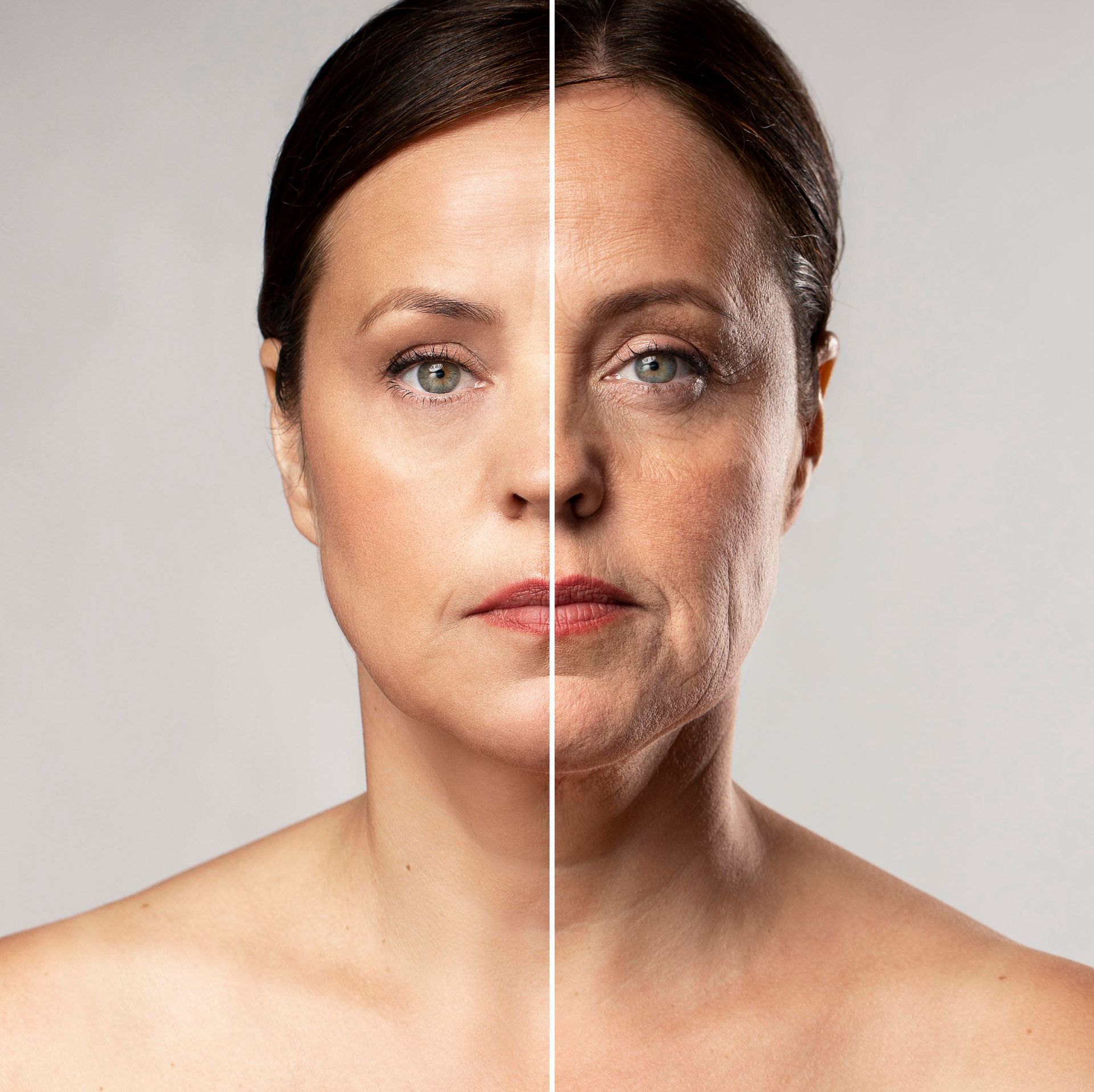 Split portrait showing a woman’s face divided into youthful and aged halves