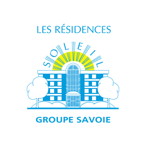 Logo for Les Résidences Soliel, blue building with sun rays and trees, Groupe Savoie text below