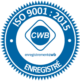 Sceau de certification bleu ISO 9001:2015 avec logo CWB et mention « ENREGISTRÉ »