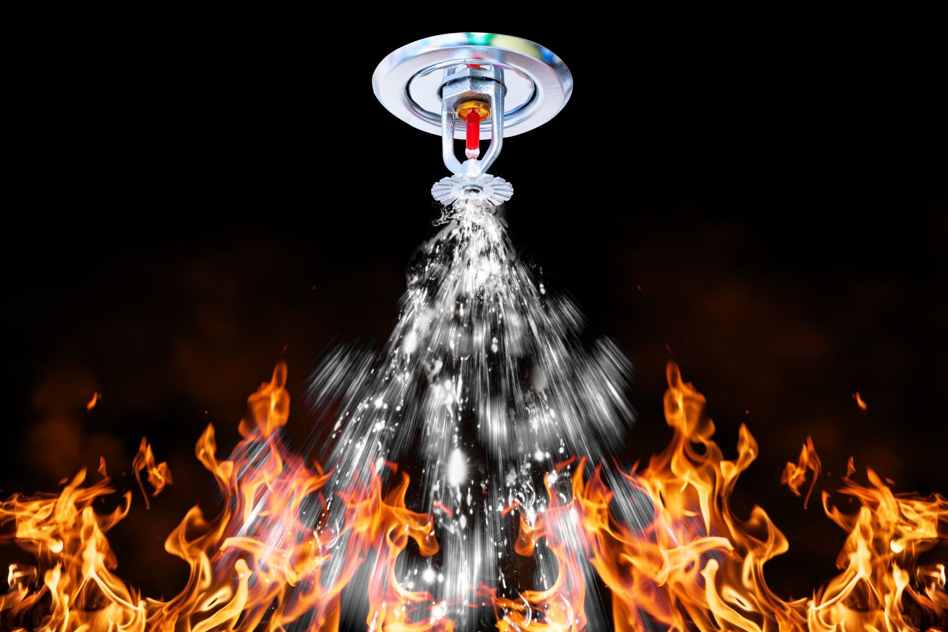 Tête d'arrosage projetant de l'eau sur des flammes, avec un feu brûlant en bas sur fond noir.
