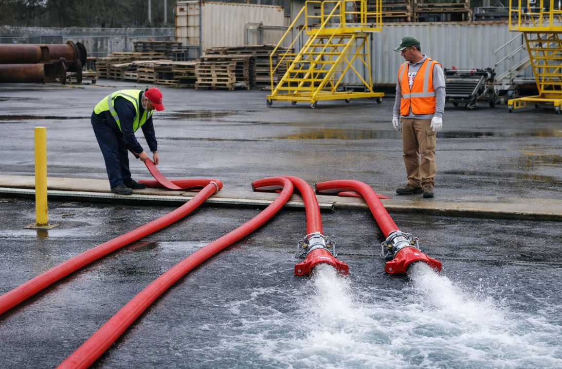 Des ouvriers manipulent des lances à incendie rouges arrosant un site industriel