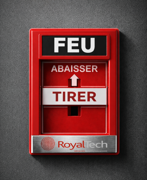 Déclencheur d'alarme incendie rouge avec inscriptions françaises « FEU », « ABAISSER » et « TIRER » sur fond gris