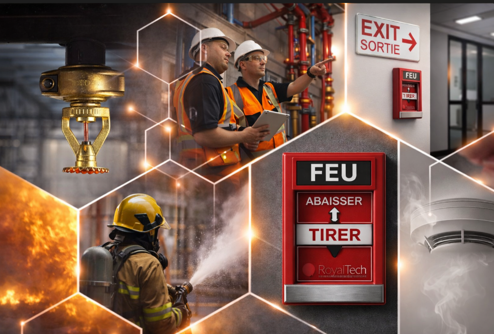 Signalisation d'alarme incendie et d'issue de secours dans un environnement industriel, avec des ouvriers portant des casques de chantier près des machines et un pompier en dessous.
