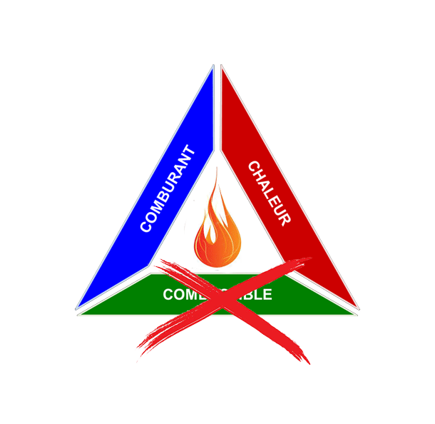 Fire safety triangle logo in blue, red, and green with a flame and crossed red mark over the bottom.
