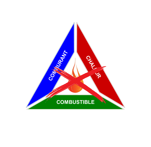 Flammable hazard triangle with blue combustive, red oxidizer, and green combustible labels crossed out in red