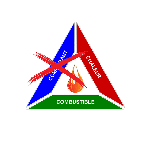 Symbole triangulaire de danger d'incendie avec des sections bleues, rouges et vertes étiquetées respectivement combustible, inflammable et chaleur.