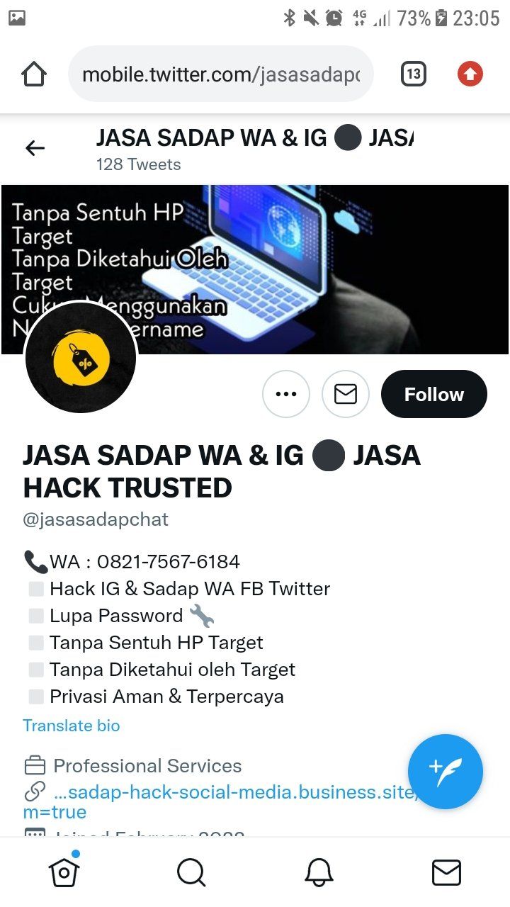 Gambar 1, Penipu memasang iklan di Twitter menyediakan jasa sadap WA dan IG