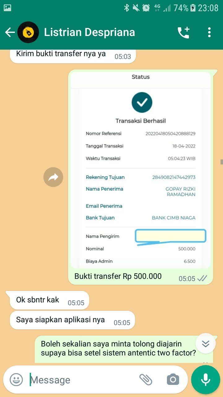Gambar 5, Rekening Gopay Rizki Ramadhan yang digunakan penipu untuk menampung uang pemerasan