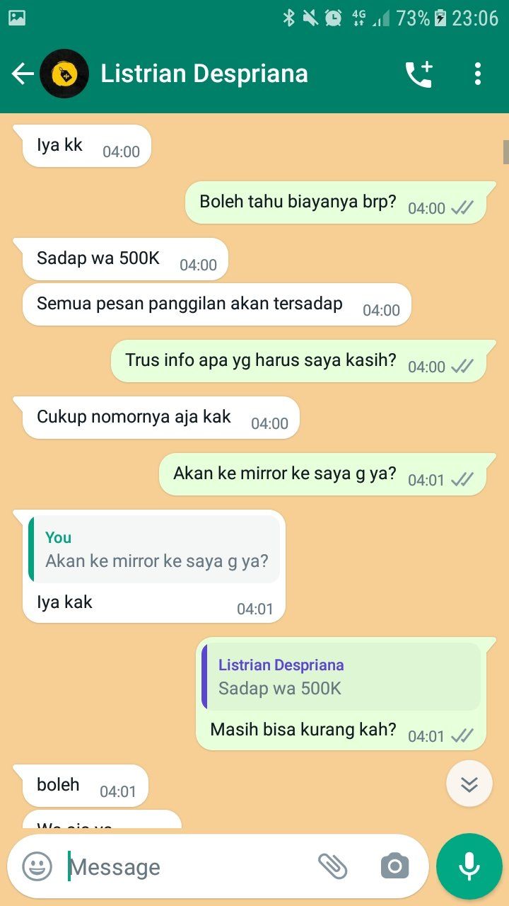 Gambar 3, Cukup Rp. 500.000,- semua pesan dan panggilan akan tersadap, begitu klaim penipu