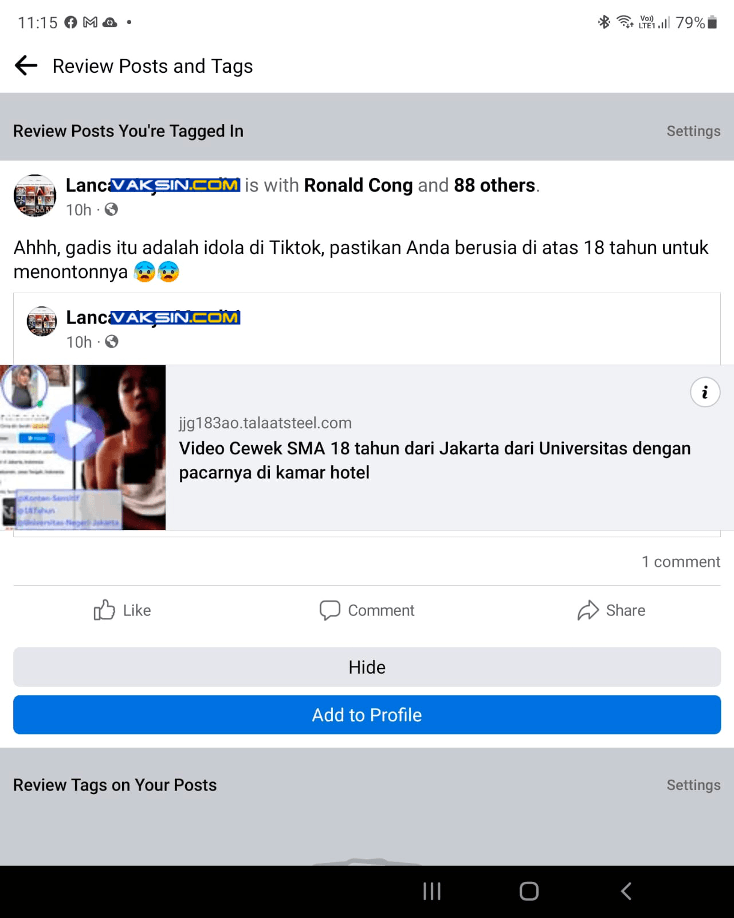 Gambar 1, Tag Facebook dengan konten pornografi pencuri kredensial