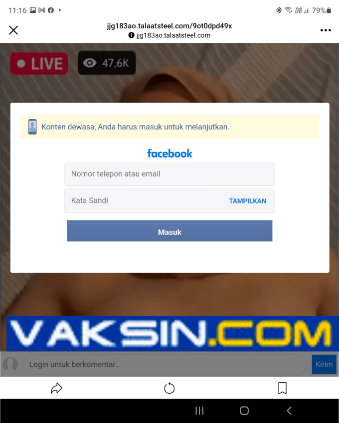 Gambar 3, Situs scam ini memalsukan verifikasi kredensial Facebook dan menjebak korbannya memasukkan kredensial Facebook jika ingin melihat konten pornografi
