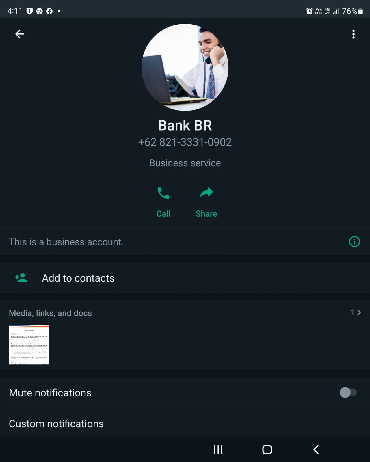 Gambar 6, Penipu menggunakan Profile Picture palsu dan nama palsu di Whatsapp