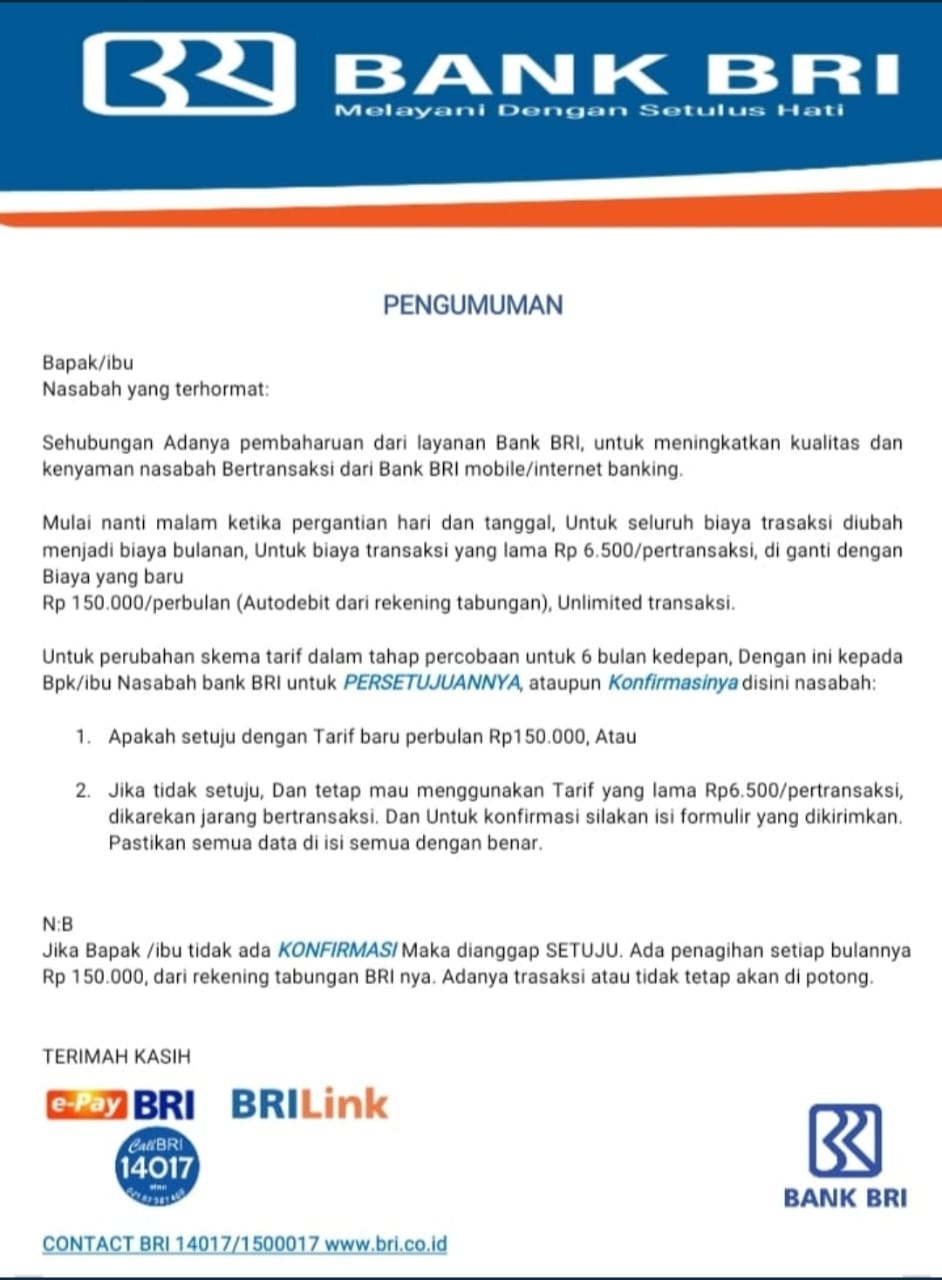 Gambar 1, Pengumuman palsu Bank BRI akan adanya pengenaan biaya admin Rp. 150.000 per bulan