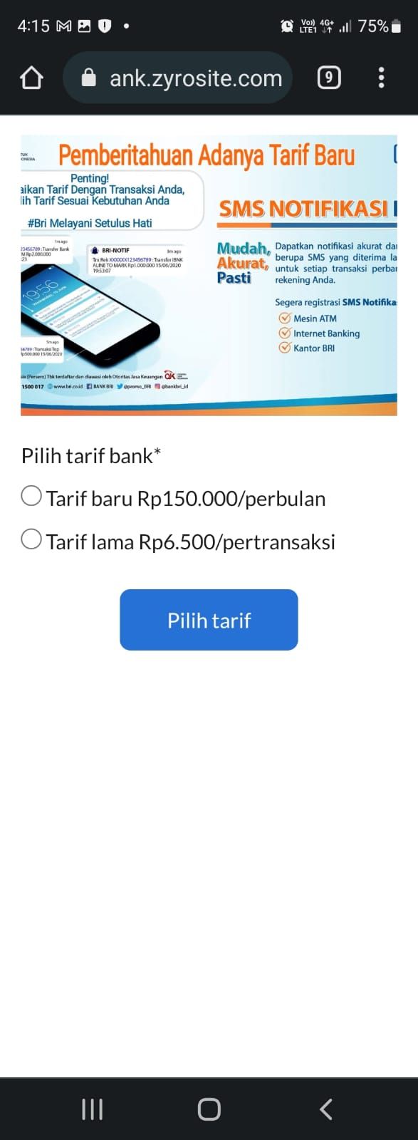 Gambar 2, Situs phishing yang di host di zyrosite yang dilengkapi dengan halaman berisi form pencuri kredensial Mobile Banking