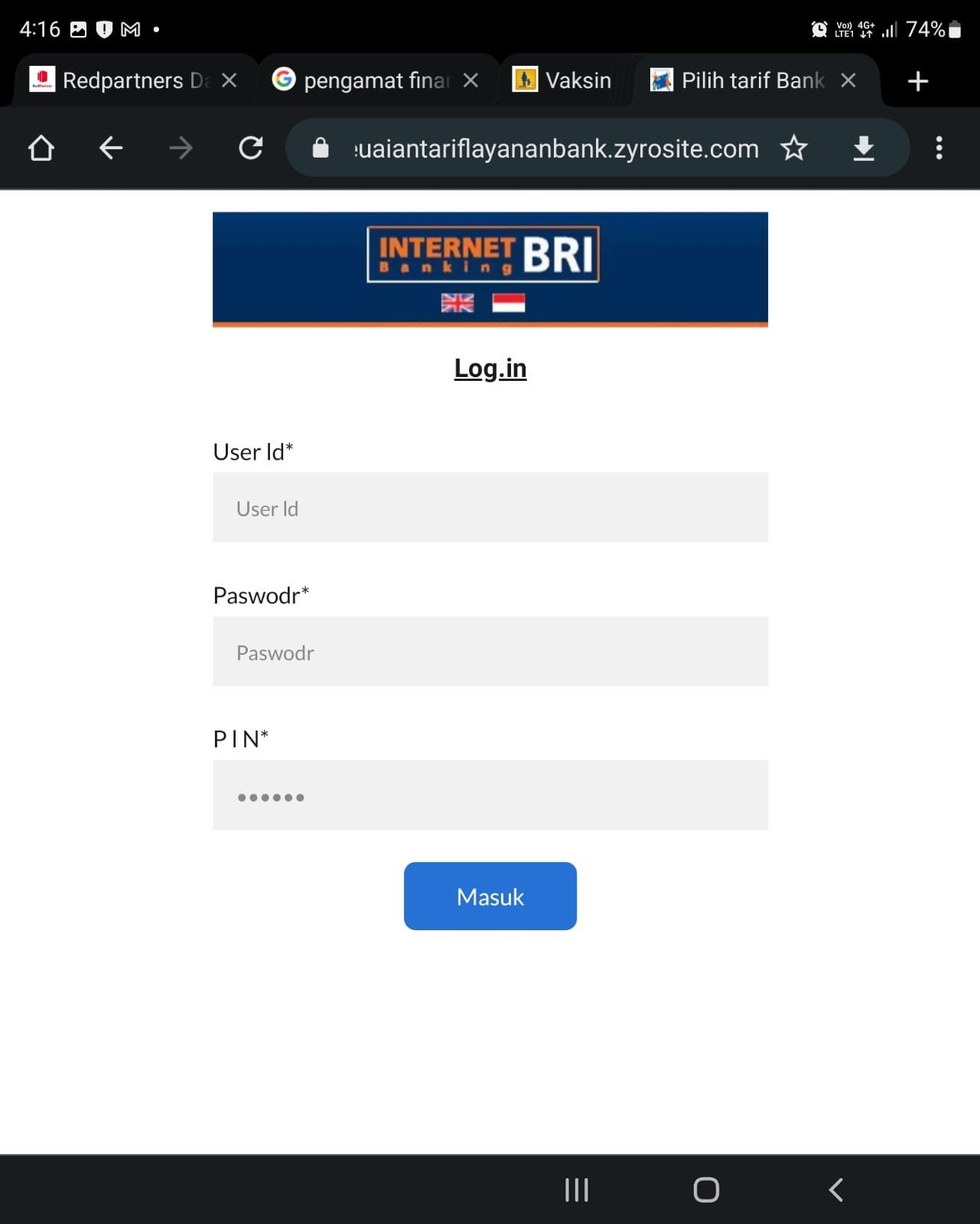 Gambar 3, Halaman pencuri User id, Password dan PIN Mobile Banking BRI yang telah dipersiapkan penipu.