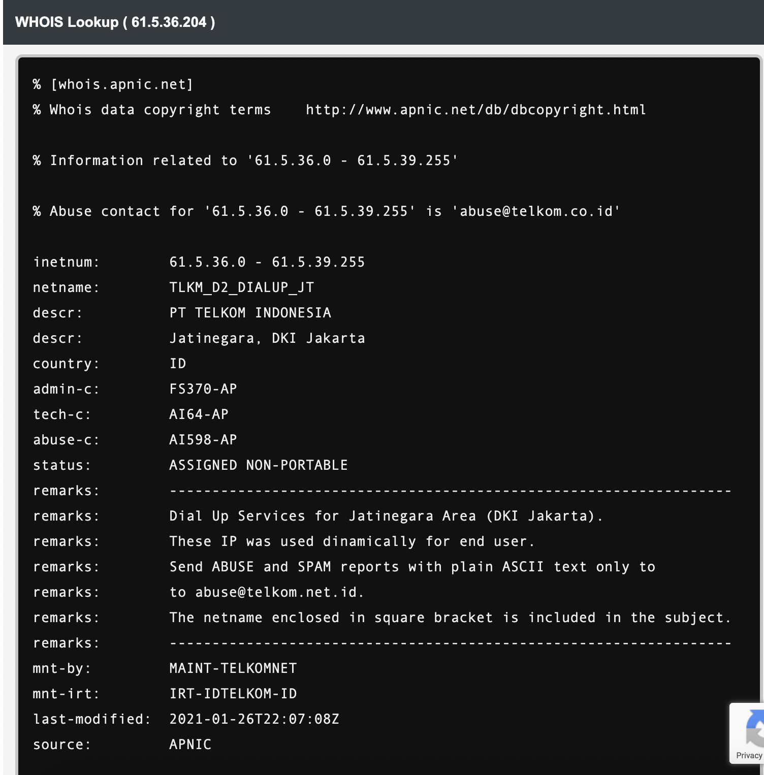 Gambar 3, IP Address 61.5.36.204 pelaku browsing adalah pelanggan Telkom Jatinegara