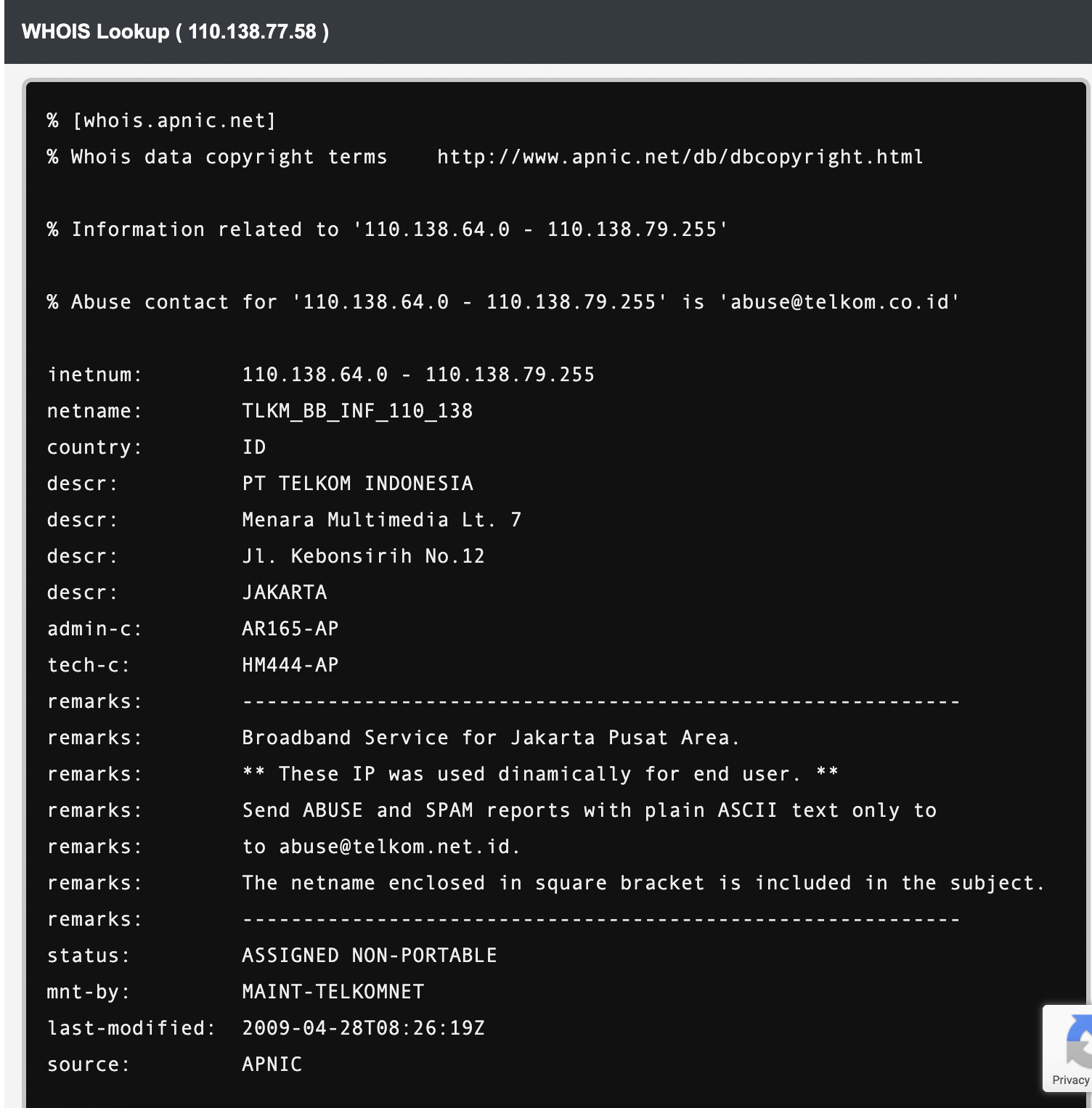Gambar 2, IP Address pelaku browsing 110.138.77.58 dimiliki oleh Telkom