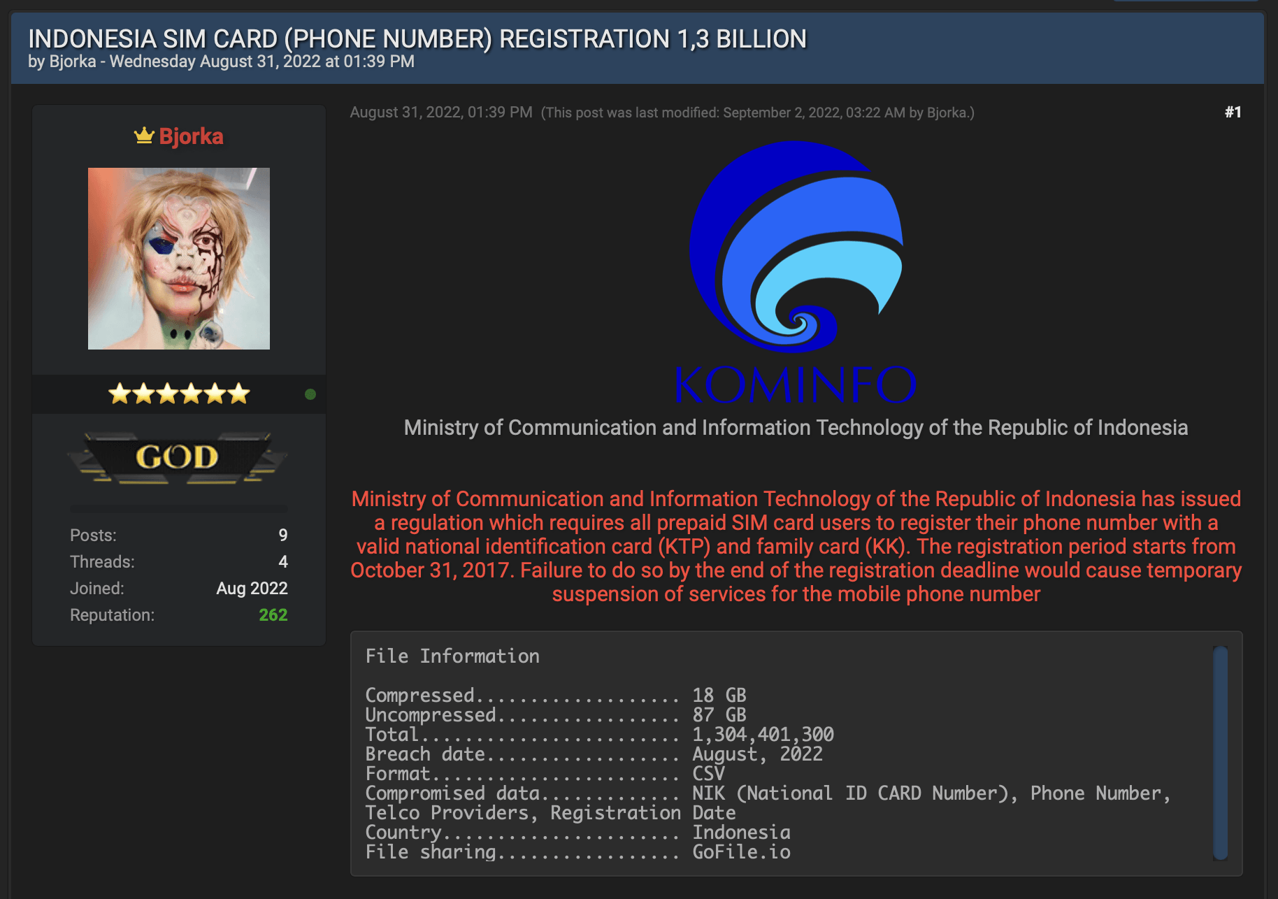 Gambar 1, Kebocoran data registrasi kartu SIM yang mencapai 1.3 milyar