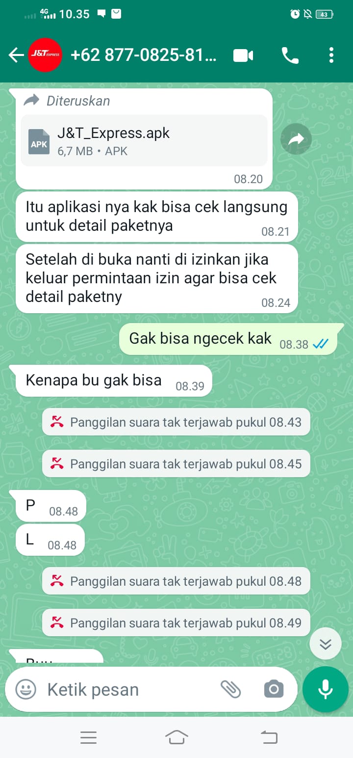 Gambar 3, Penipu akan mengelabui kobannya untuk menjalankan aplikasi untuk mengecek paket kiriman