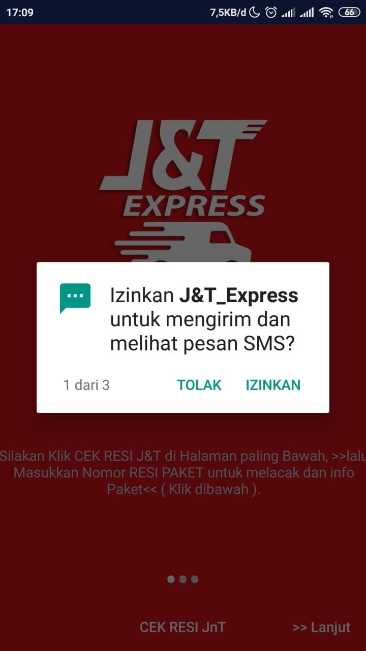 Gambar 5, Aplikasi kurir palsu meminta akses mengirimkan dan melihat pesan SMS.