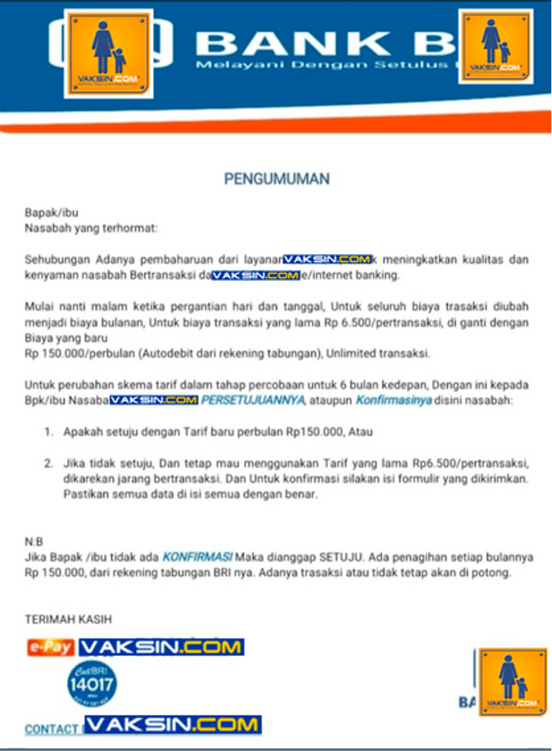 Gambar 3, Soceng kenaikan tarif transfer Bank yang bertujuan untuk mencuri kredensial m-Banking