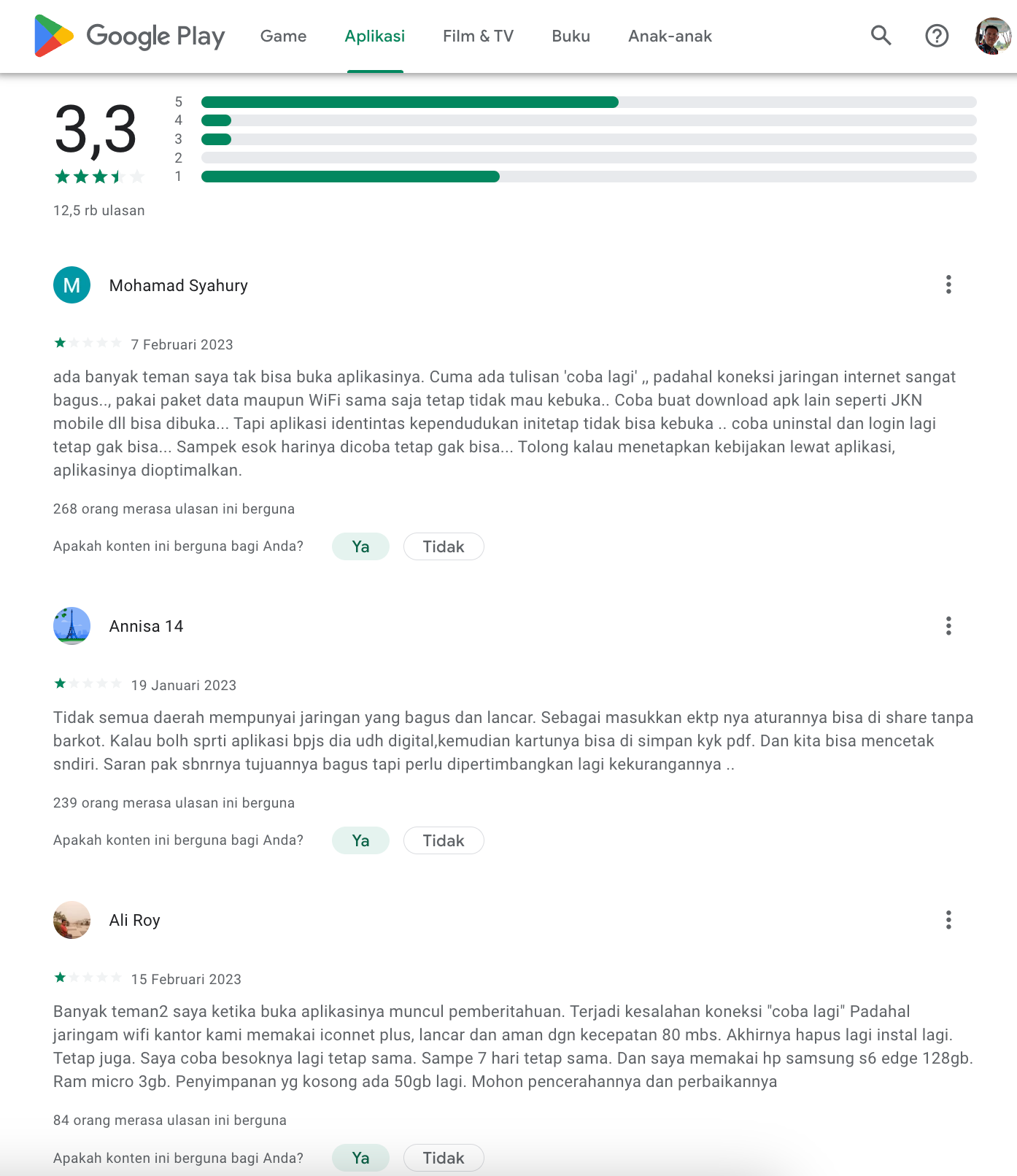 Gambar 1, Review aplikasi IKD hanya mendapatkan nilai 3,3 dari 5