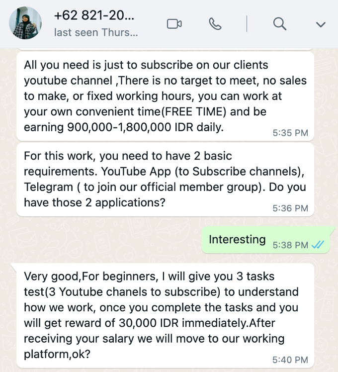 Gambar 1, Tawaran penghasilan 900rb - 1,8 juta hanya subscribe channel medsos