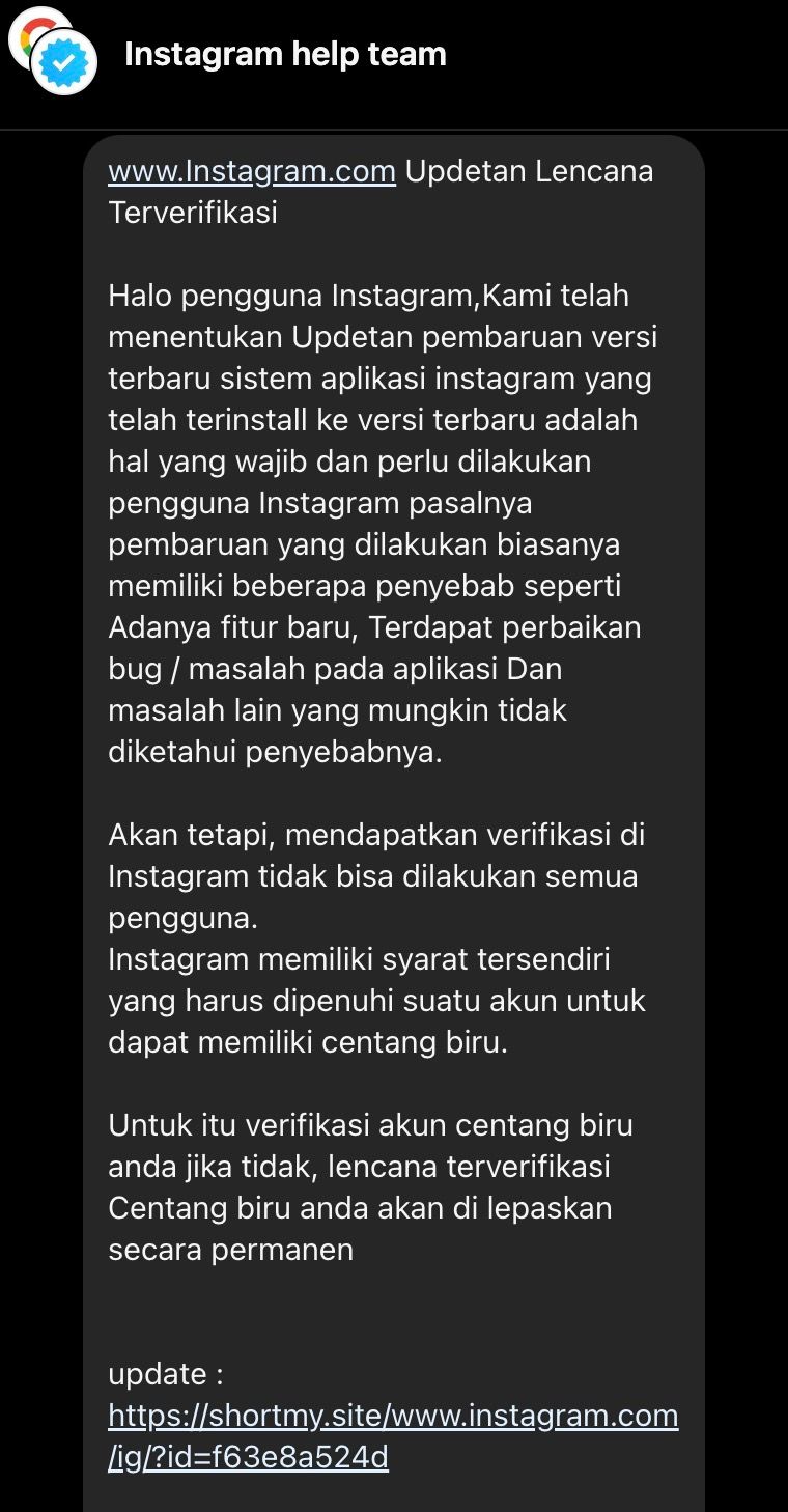 Gambar 2, Pesan phishing yang dikirimkan dengan iming-iming centang biru dan ancaman pencabutan centang biru jika tidak melakukan verifikasi ke situs phishing yang telah dipersiapkan.