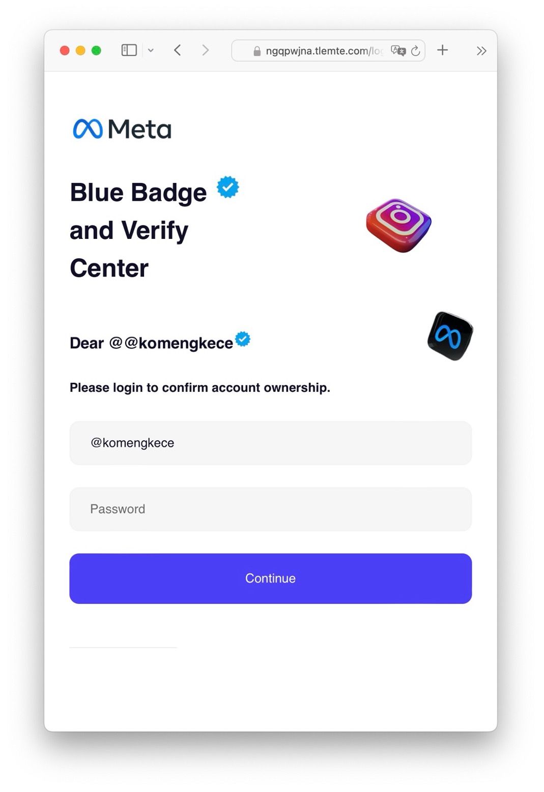 Gambar 3, Situs phishing yang akan menipu korbannya untuk memasukkan kredensial Instagram