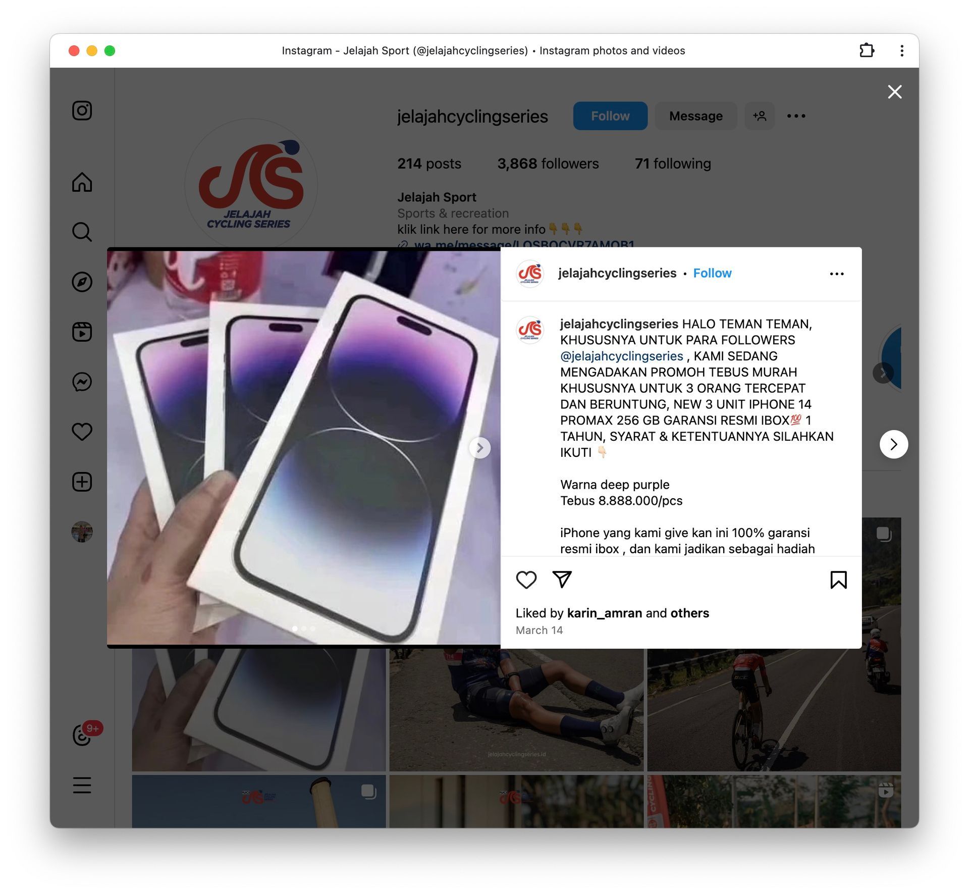Gambar 5, Penipu mengeksploitasi follower akun yang dibajak dengan menawarkan iPhone murah sebagai tanda terimakasih sudah menjadi follower