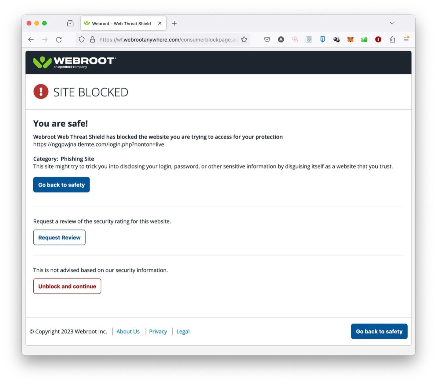 Gambar 4, Webroot mendeteksi situs phishing ini dan melakukan pemblokiran