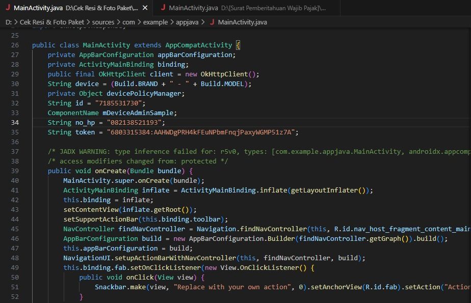 Gambar 5, Coding yang berubah berisi nomor pusat komando penipu yang standby