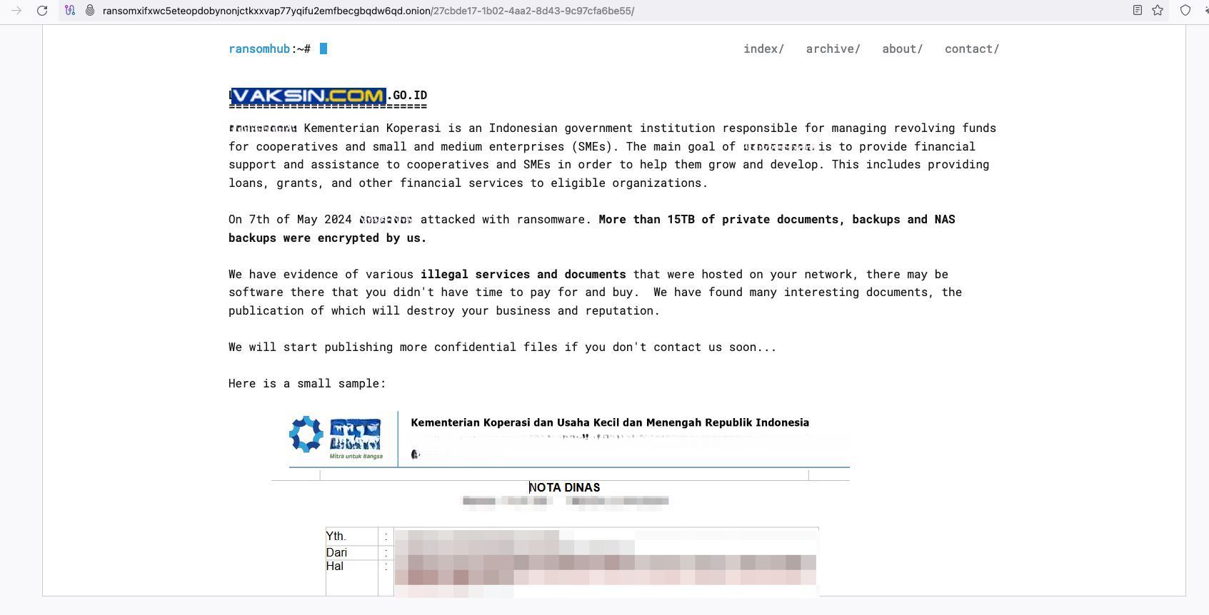 Gambar 2, Data sebanyak 15 TB berhasil dicuri dari lembaga keuangan dibawah naungan Kementerian Koperasi