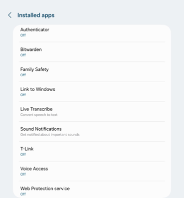 Gambar 3, Nonaktifkan semua settingan aksesibilitas pada [Settings] [Accessibility] [Installed apps]