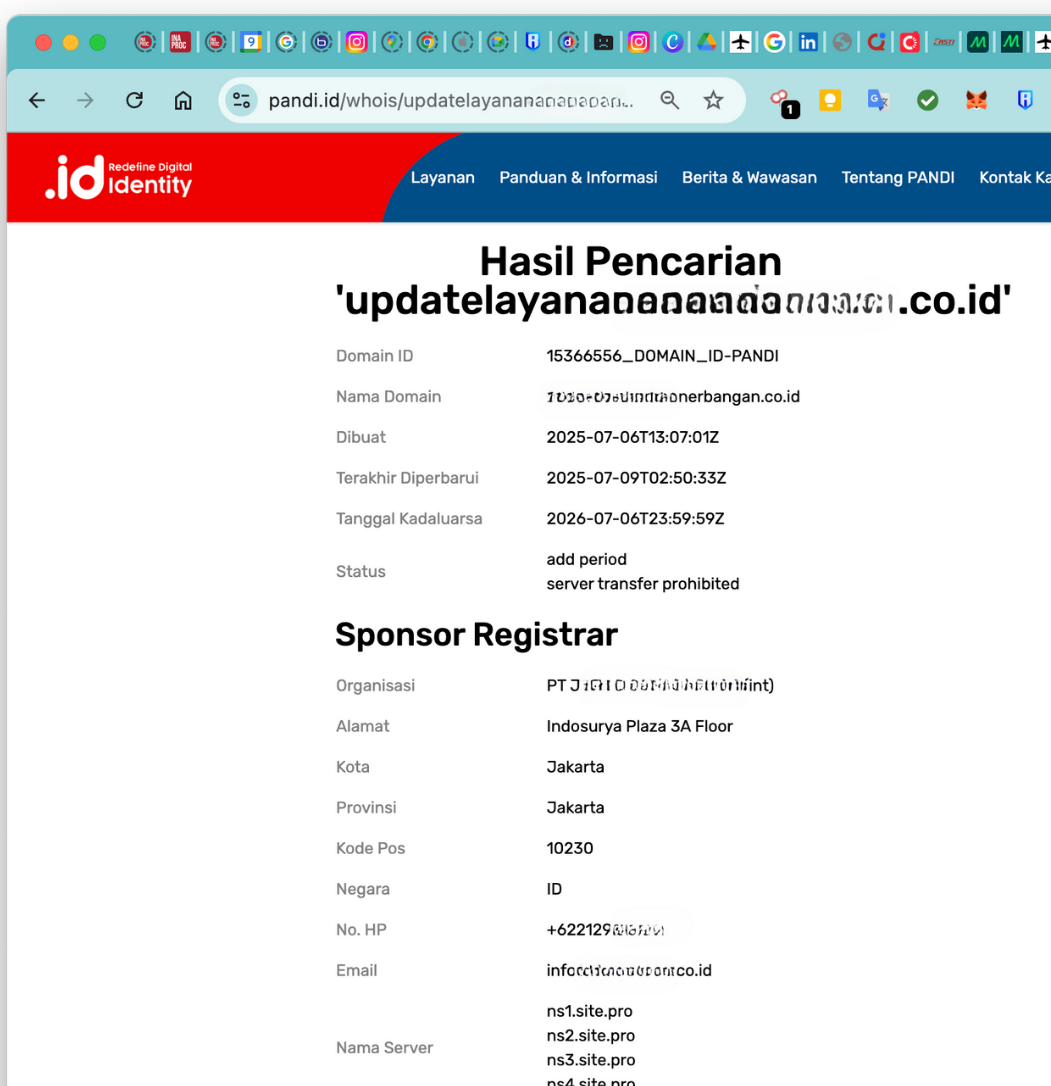 Gambar 3, Registrar domain .co.id yang digunakan untuk phishing airline
