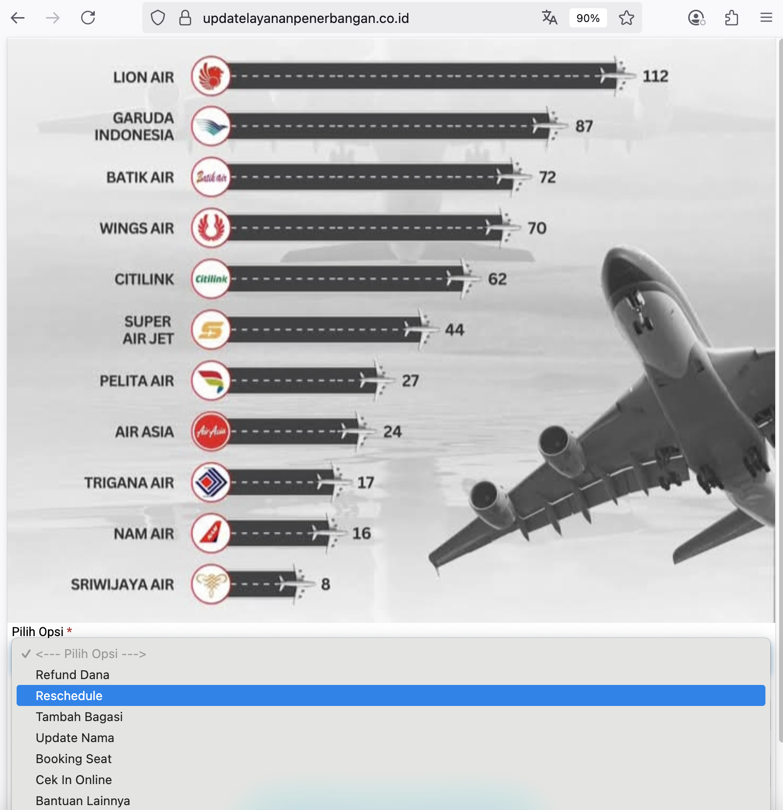 Gambar 4, Situs phishing ini memborong semua nama airline lokal dan semua layanan airline guna menjerat korbannya.