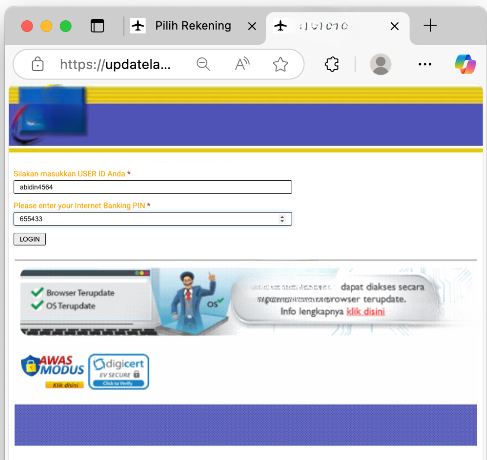 Gambar 6, Situs phishing yang meminta User ID dan PIN Internet banking