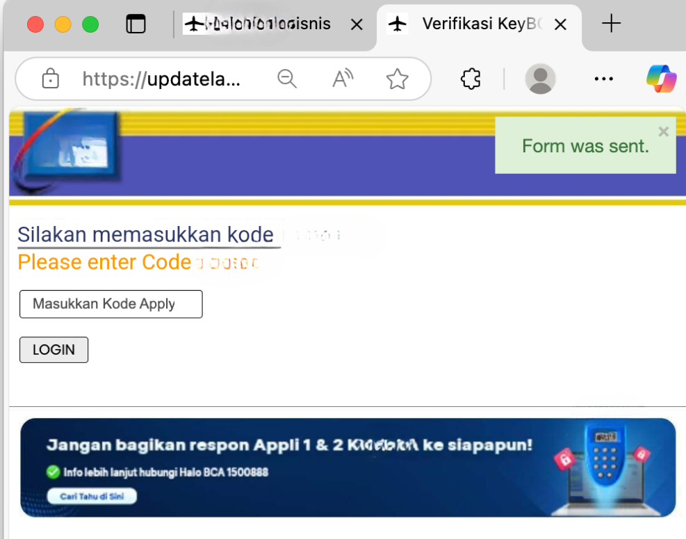 Gambar 7, Setelah memasukkan kredensial, korban akan diarahkan untuk memasukkan OTP login