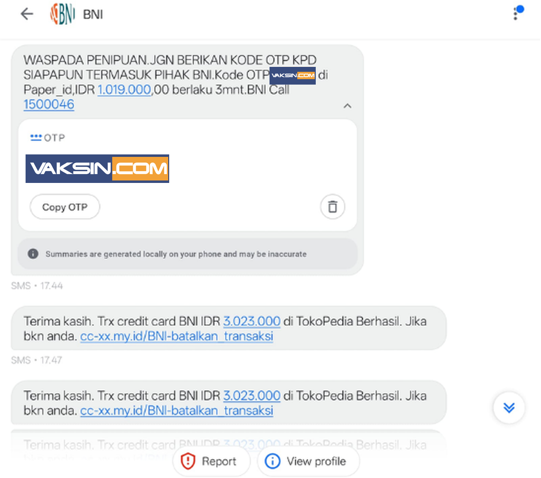Tiga SMS dalam satu percakapan BNI: OTP asli Paper_id dan SMS palsu berisi link phishing. Kode OTP disensor Vaksincom.