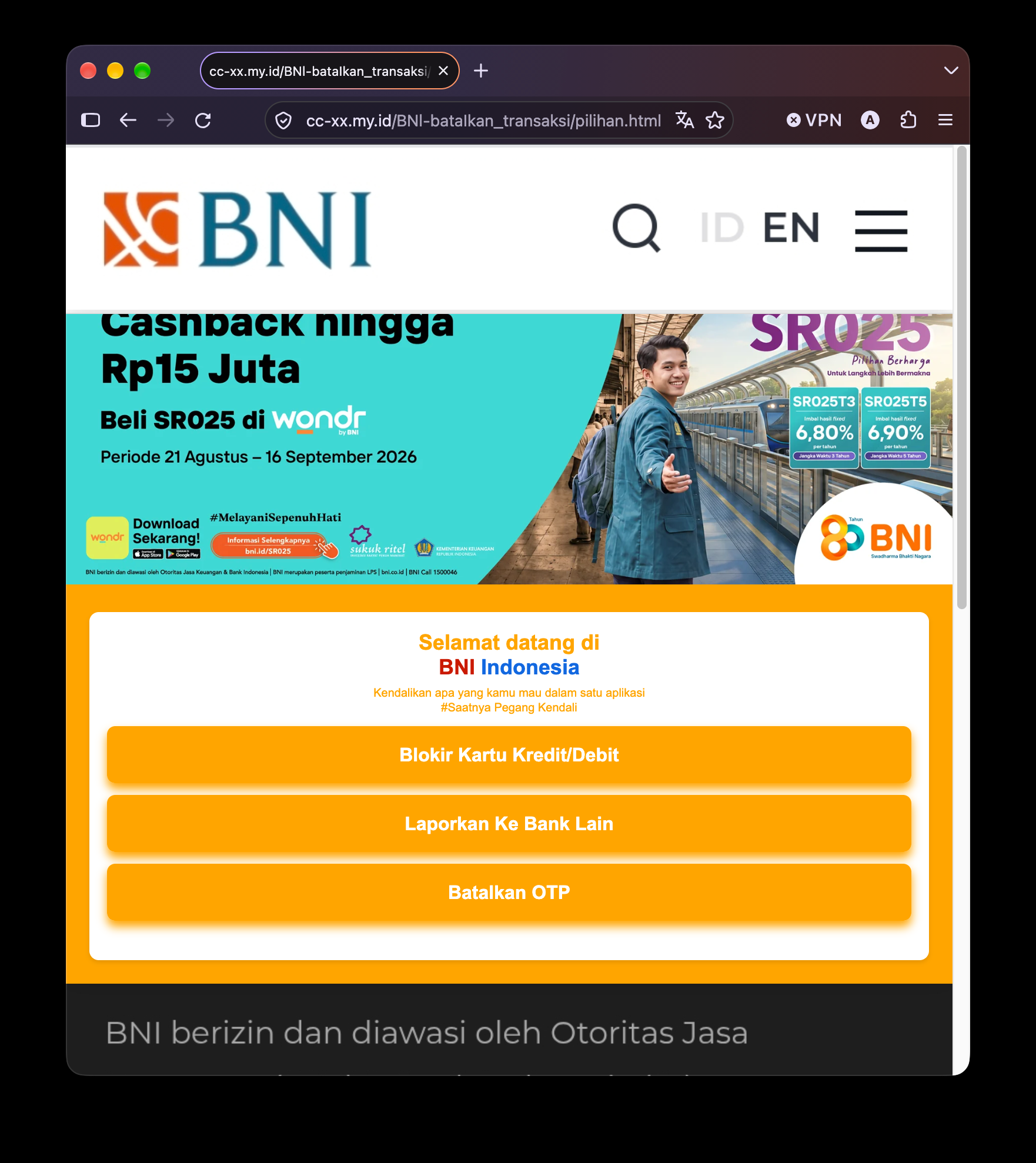Halaman depan situs BNI palsu di cc-xx.my.id dengan banner SR025 dan tiga tombol jebakan