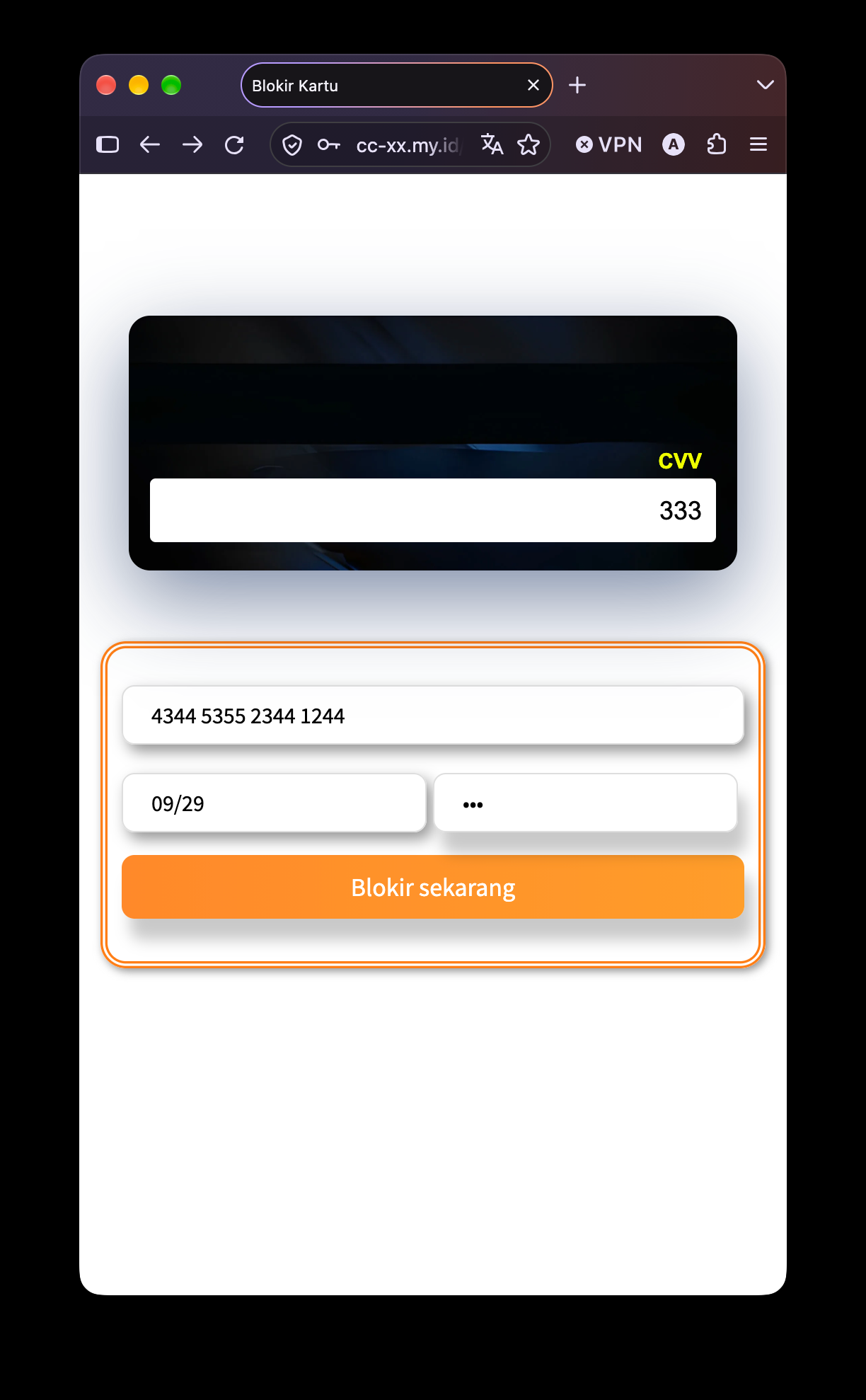 Langkah 2: form CVV di situs BNI palsu, gambar kartu dibalik