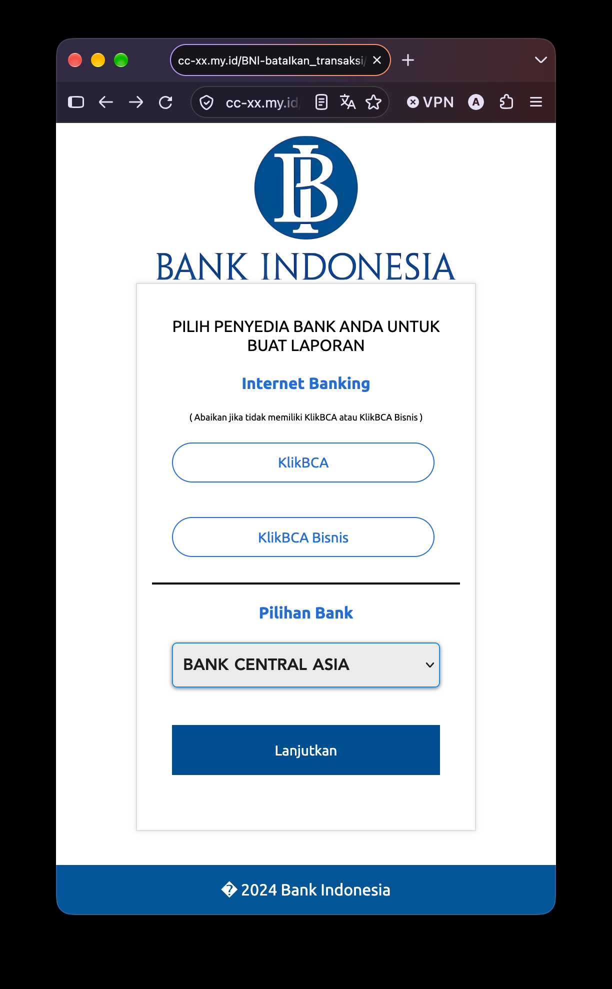 Halaman Bank Indonesia palsu untuk menu Laporkan ke Bank Lain, berisi pilihan KlikBCA dan daftar bank