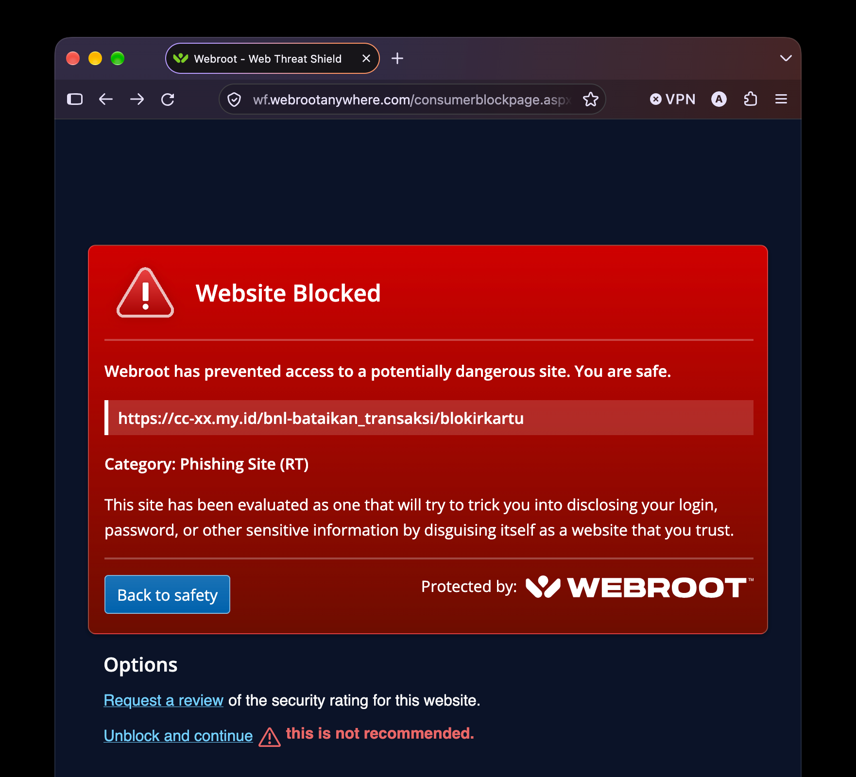 Webroot Web Threat Shield memblokir situs cc-xx.my.id sebagai Phishing Site