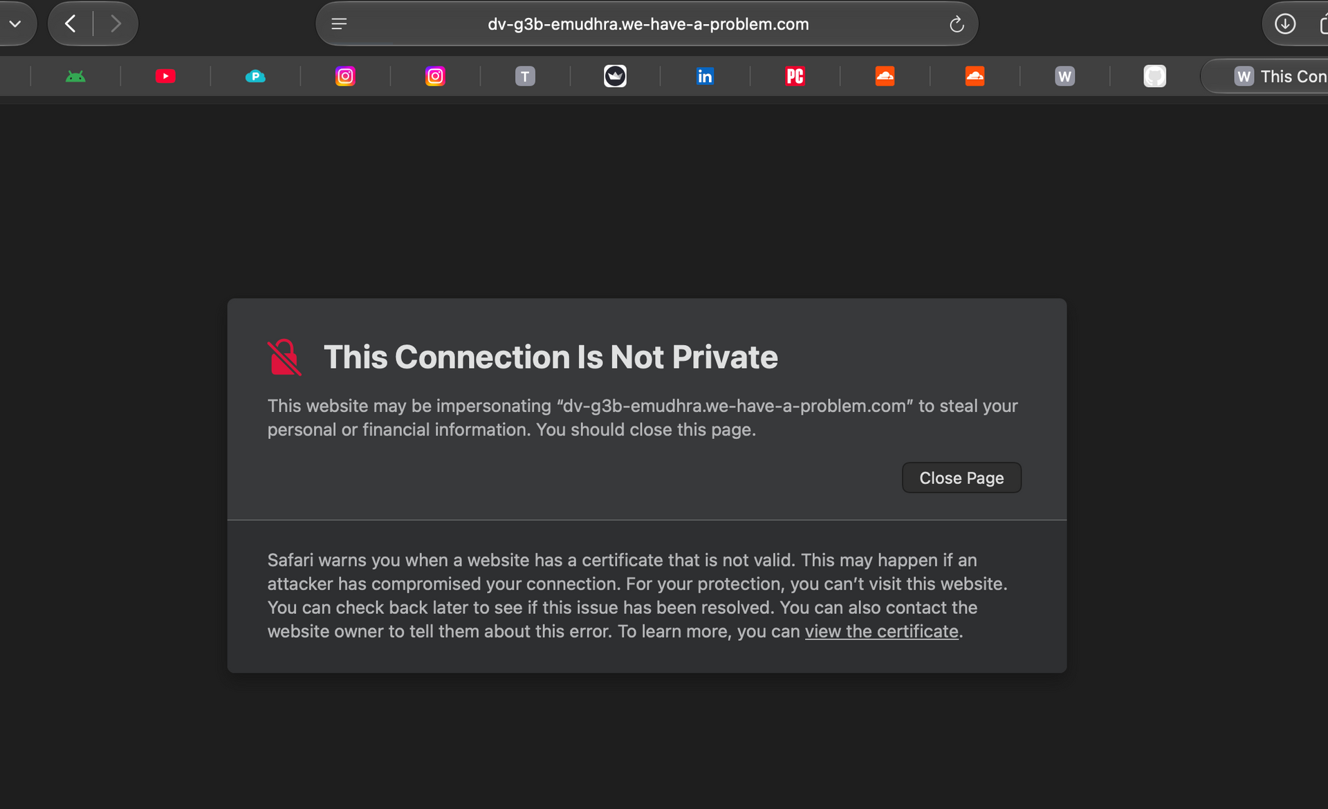 Safari menampilkan peringatan This Connection Is Not Private dan menolak membuka situs uji sertifikat eMudhra