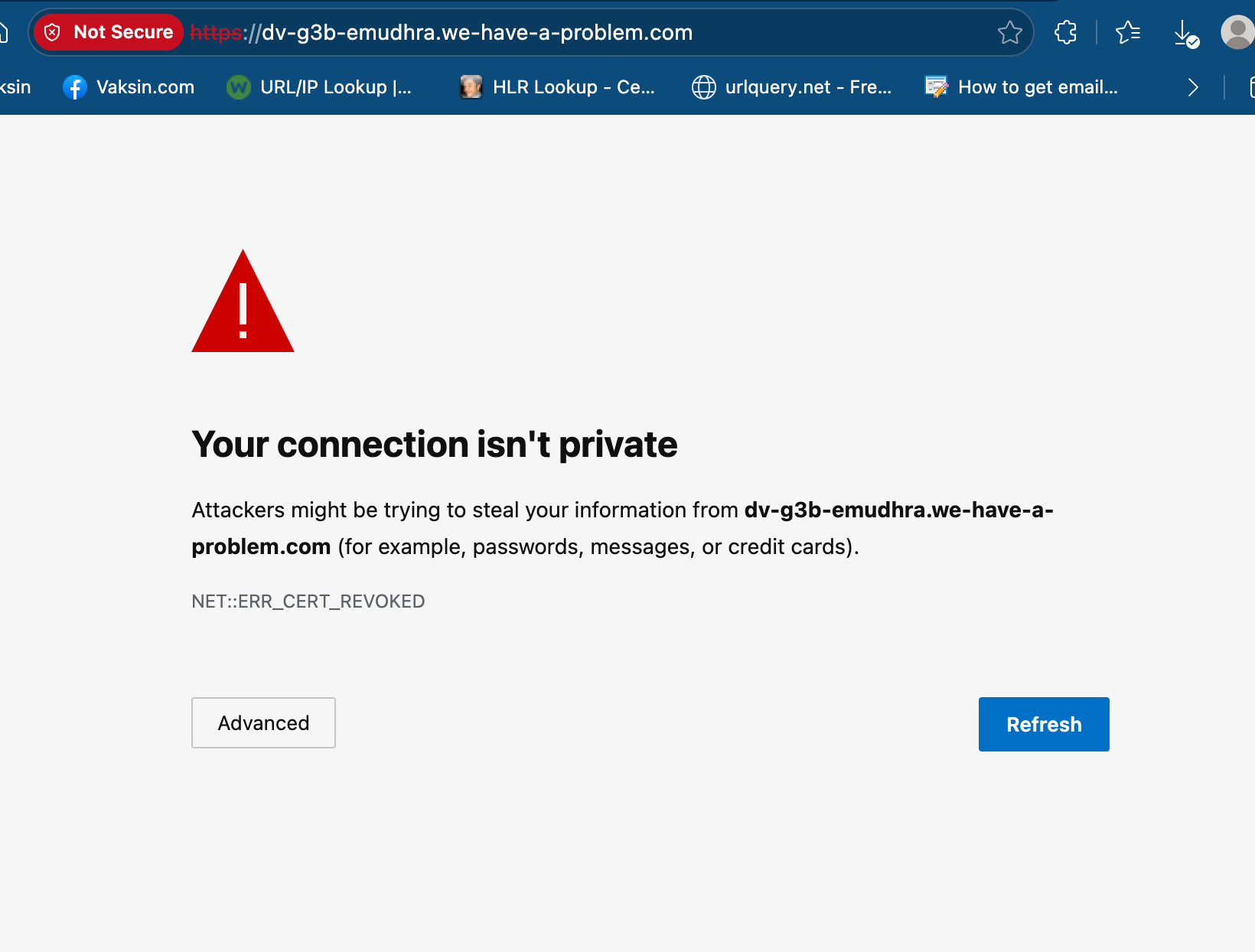 Microsoft Edge menolak situs uji sertifikat eMudhra dengan peringatan Your connection isn't private dan kode NET::ERR_CERT_REVOKED