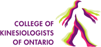 Logo for the College of Kinesiologists of Ontario: text beside an abstract, multi-colored layered figure in motion.