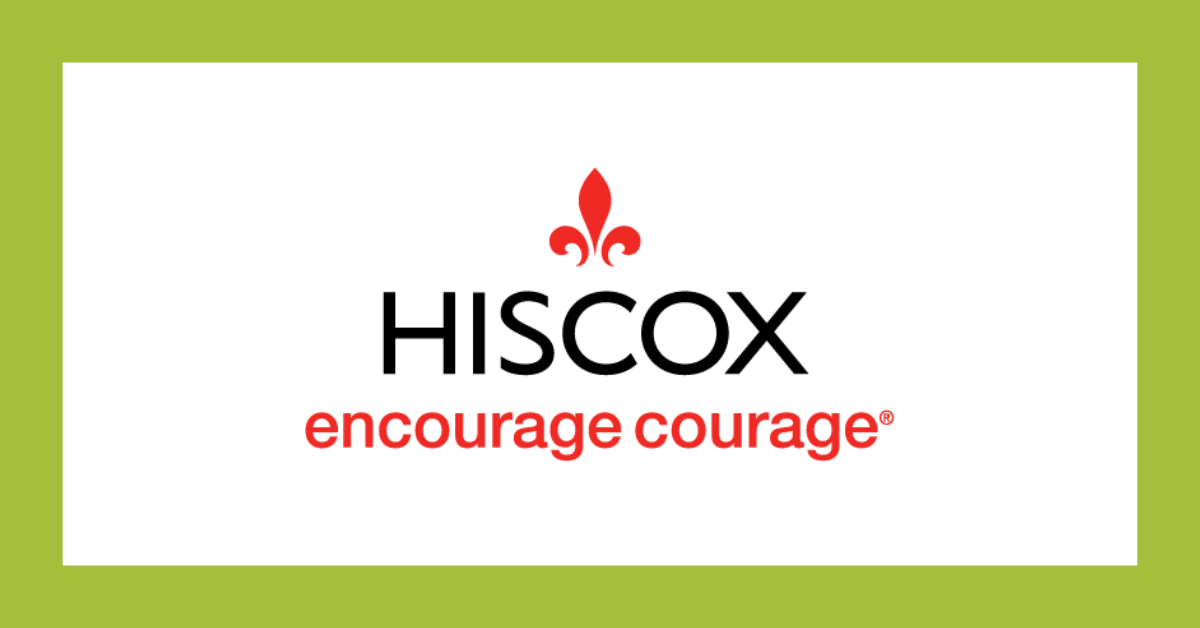 Hiscox logo with red fleur-de-lis and “encourage courage” tagline on white background