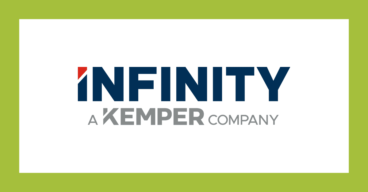 Infinity logo with “A Kemper Company” on white background, framed by a green border