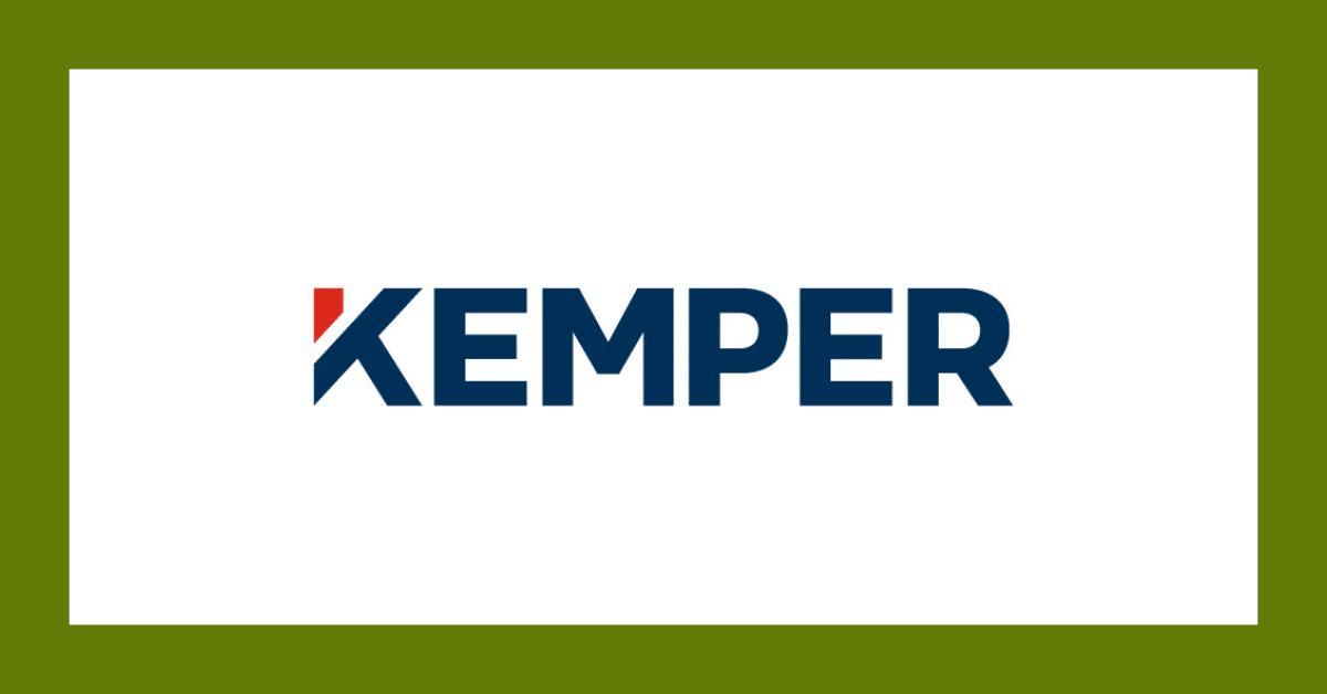 KEMPER logo in navy blue and red on a white background with an olive-green border